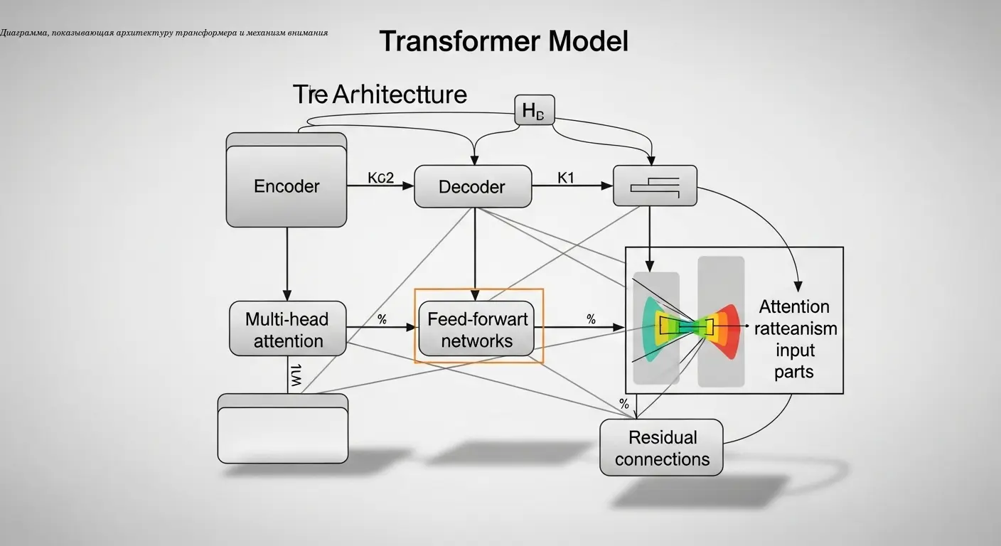 Диаграмма, показывающая архитектуру трансформера и механизм внимания