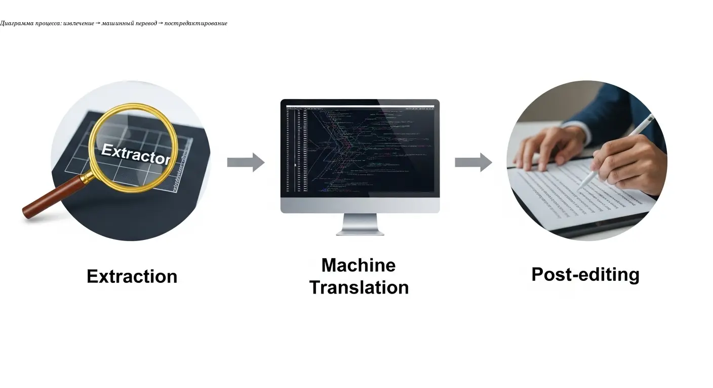 Диаграмма процесса: извлечение → машинный перевод → постредактирование