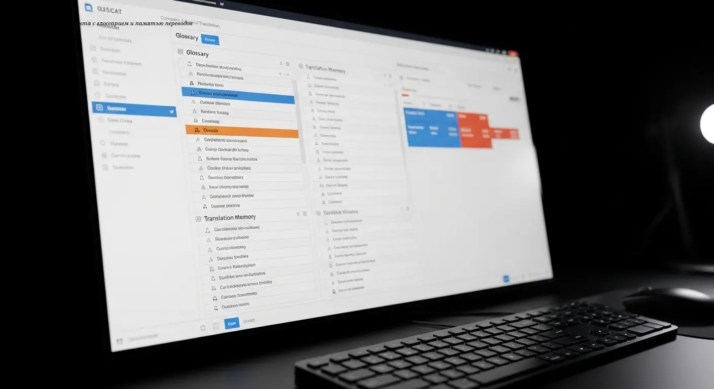 Интерфейс CAT-инструмента с глоссарием и памятью переводов
