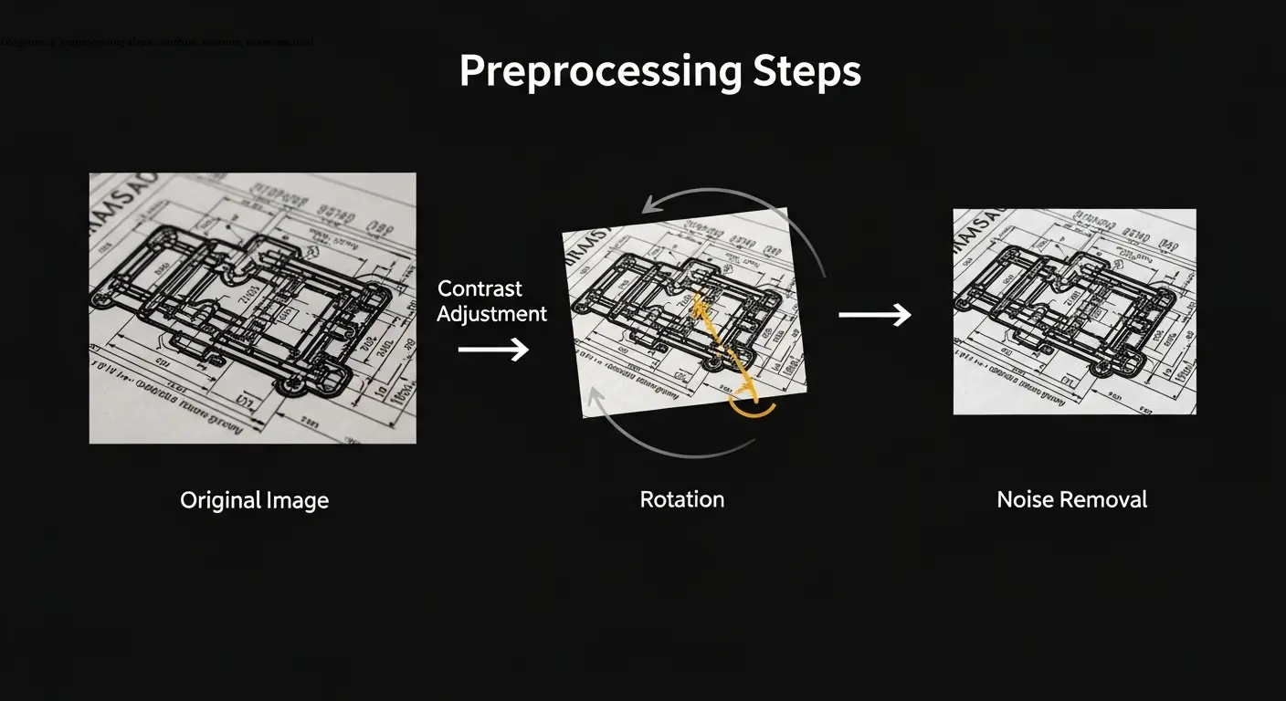 Diagram of preprocessing steps: contrast, rotation, noise removal