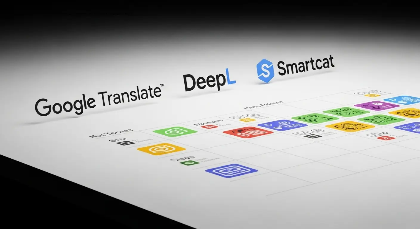 Логотипы и сравнительная таблица инструментов: Google Translate, DeepL, Smartcat