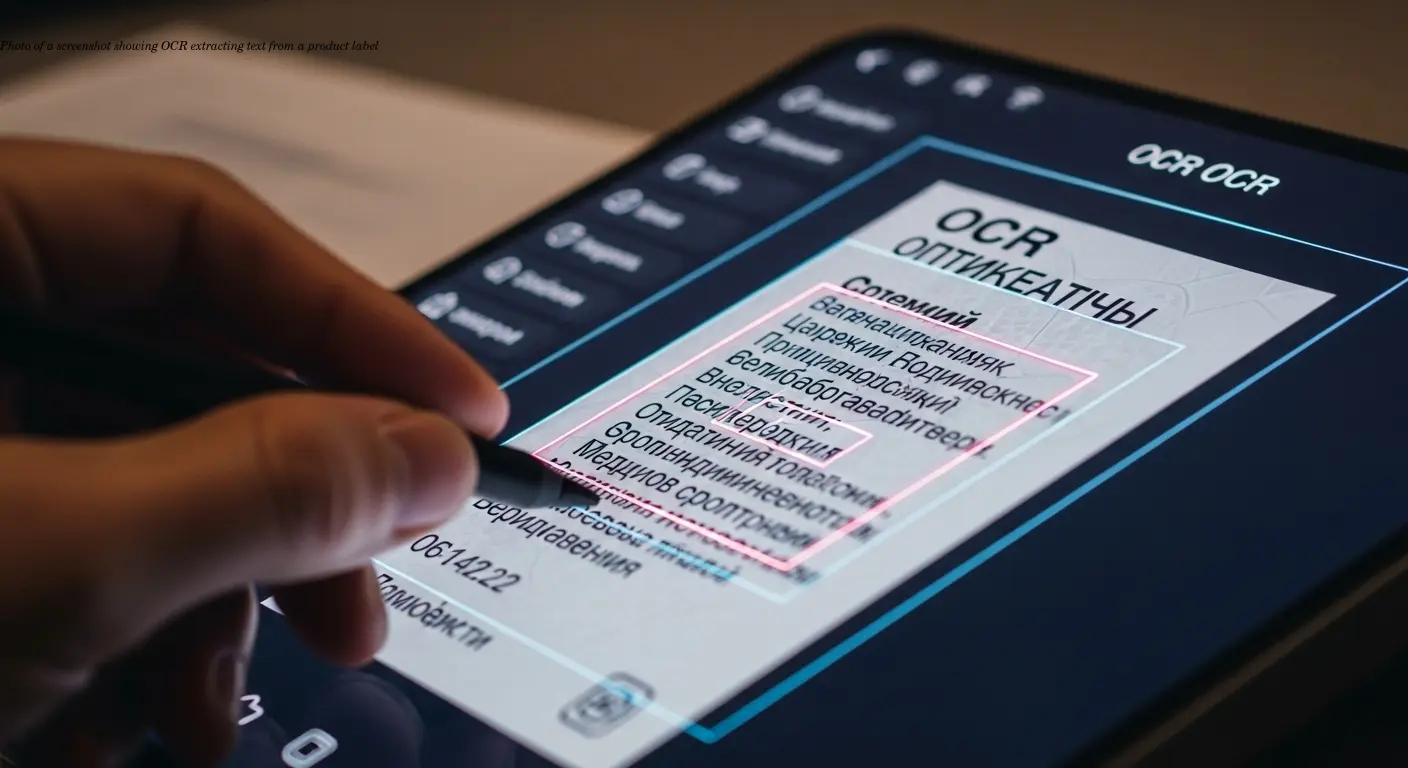 Photo of a screenshot showing OCR extracting text from a product label