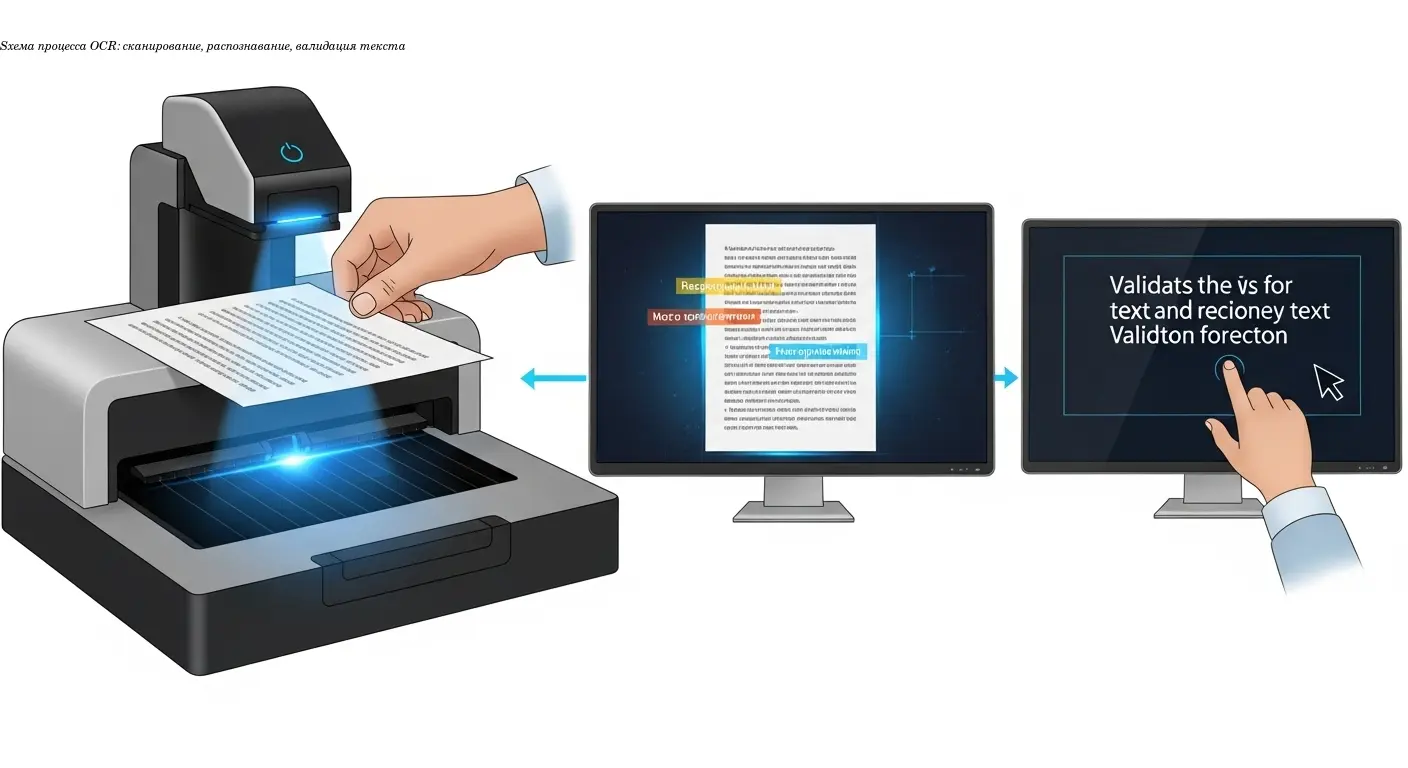 Sхема процесса OCR: сканирование, распознавание, валидация текста