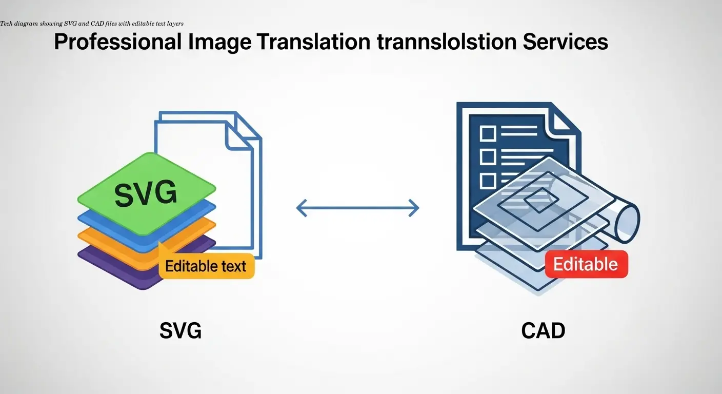 Tech diagram showing SVG and CAD files with editable text layers