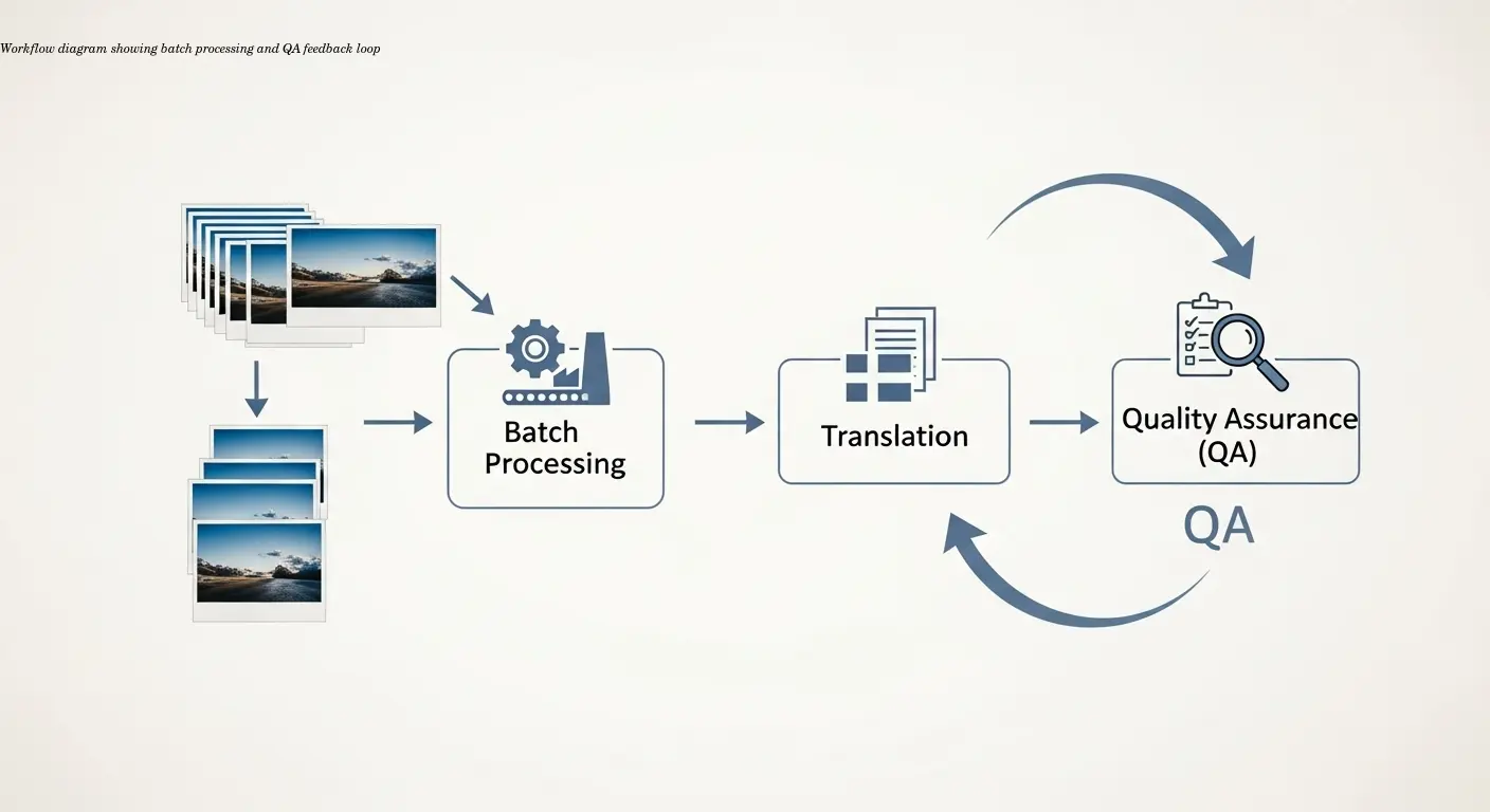 Workflow diagram showing batch processing and QA feedback loop