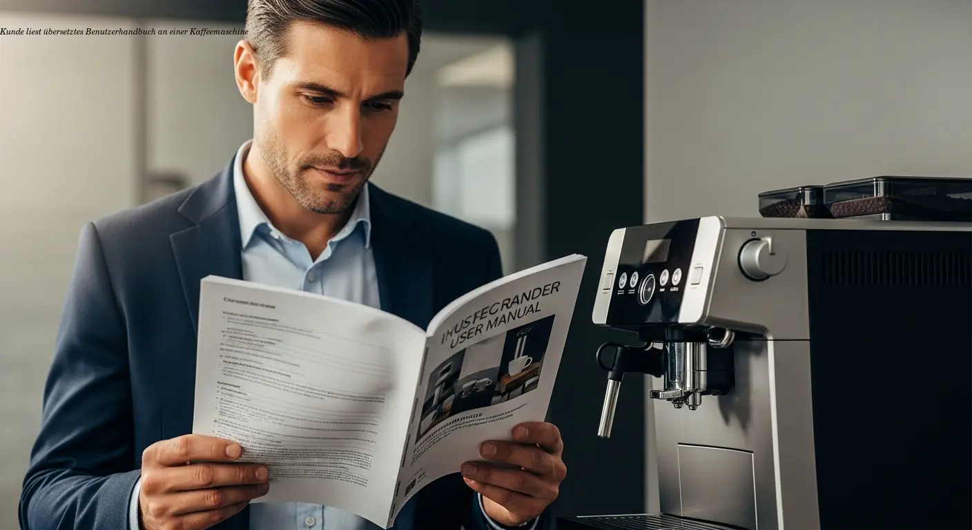 Kunde liest übersetztes Benutzerhandbuch an einer Kaffeemaschine
