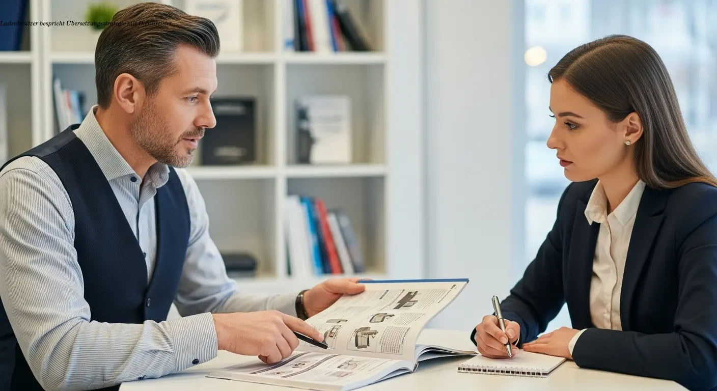 Ladenbesitzer bespricht Übersetzungsstrategie mit Dienstleister