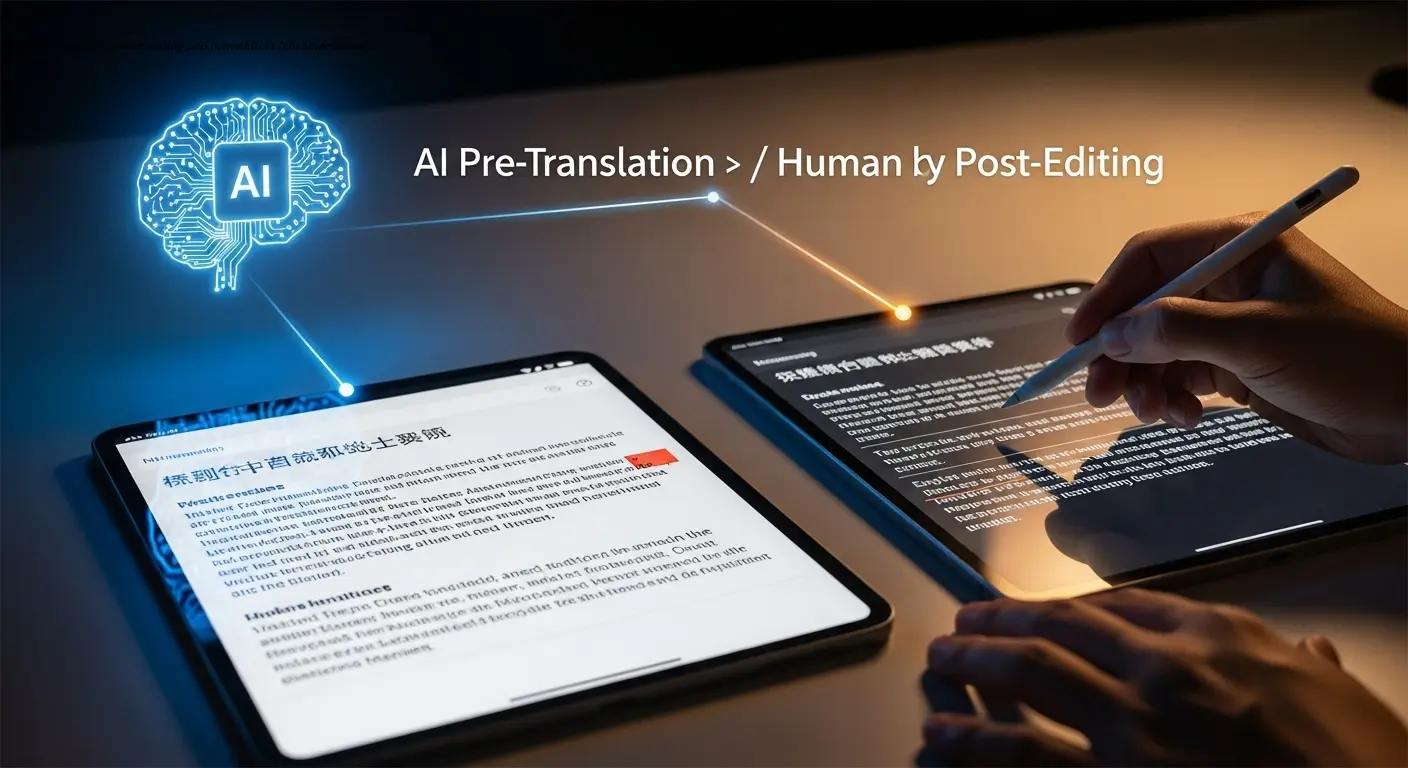Workflow zeigt KI-Vorübersetzung und menschliche Nachbearbeitung