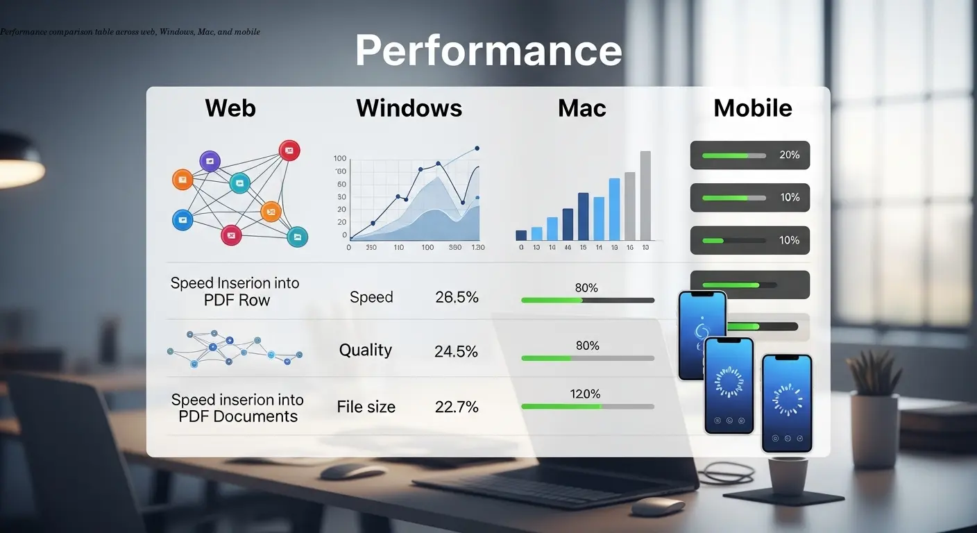 Performance comparison table across web, Windows, Mac, and mobile
