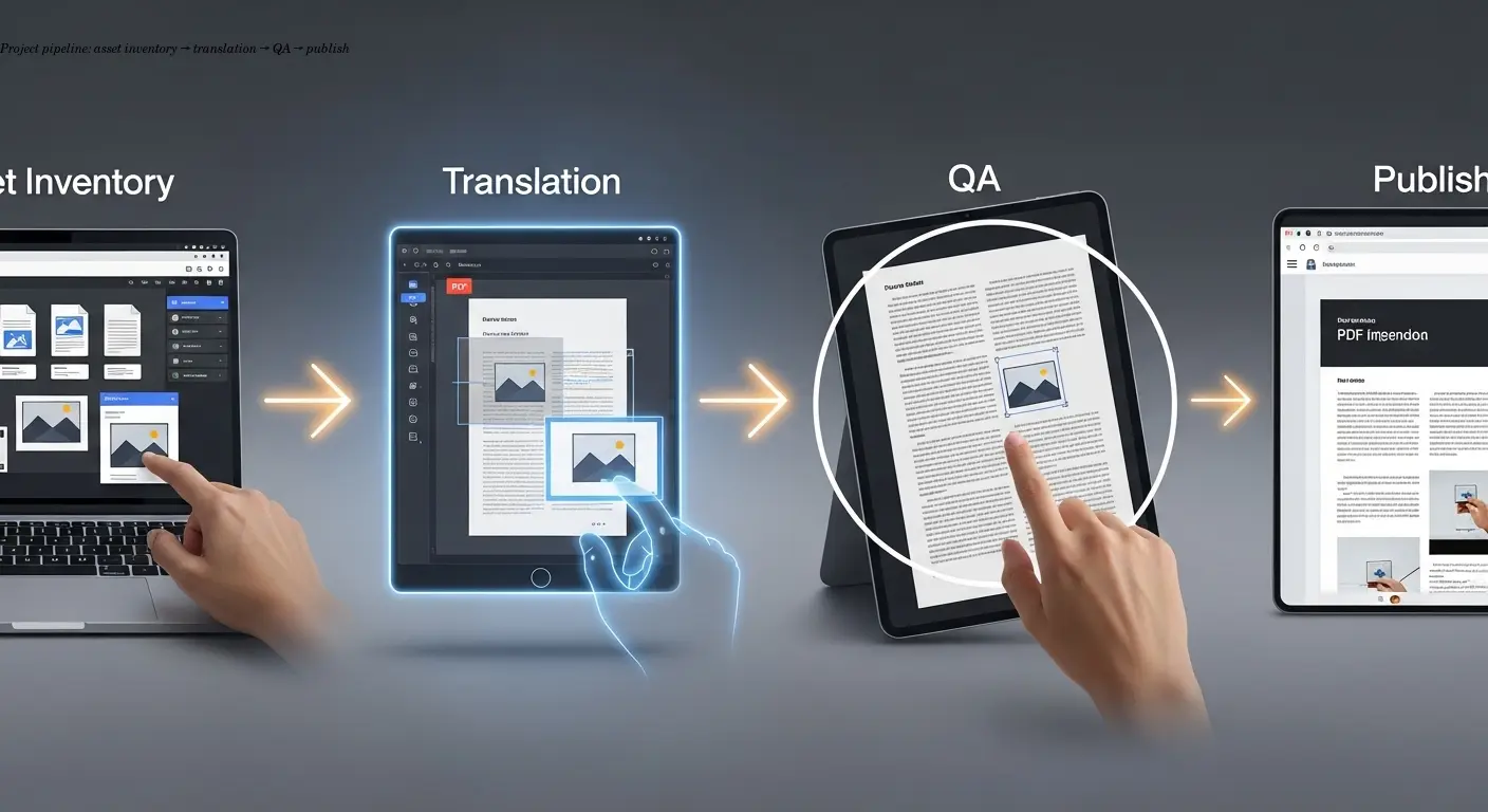 Project pipeline: asset inventory → translation → QA → publish