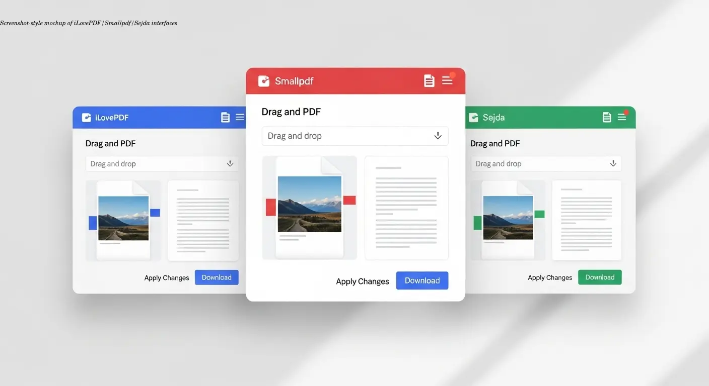 Screenshot-style mockup of iLovePDF/Smallpdf/Sejda interfaces