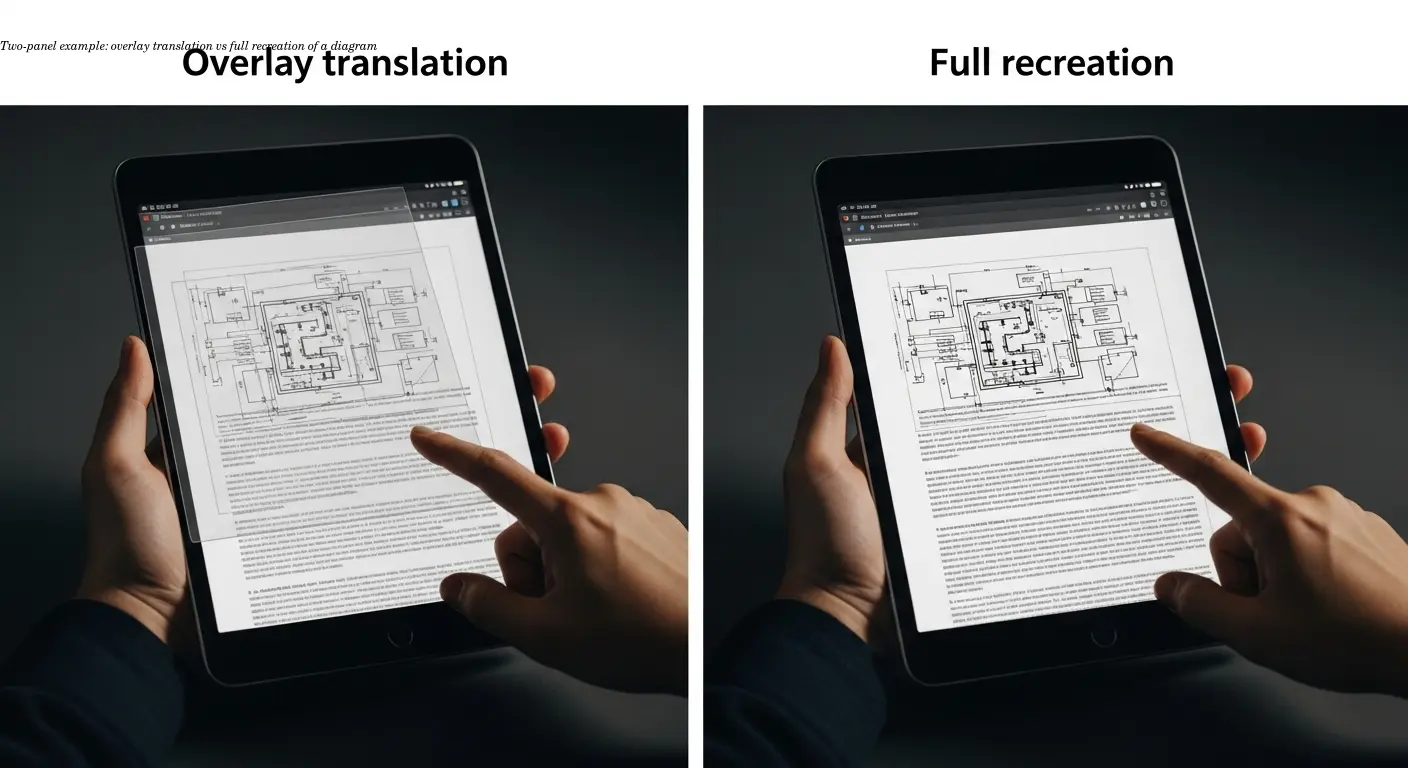 Two-panel example: overlay translation vs full recreation of a diagram