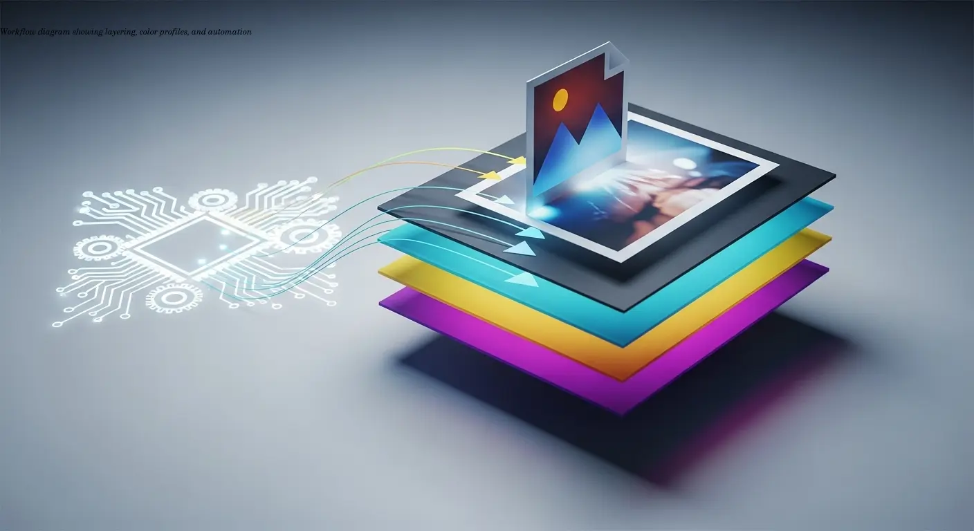 Workflow diagram showing layering, color profiles, and automation