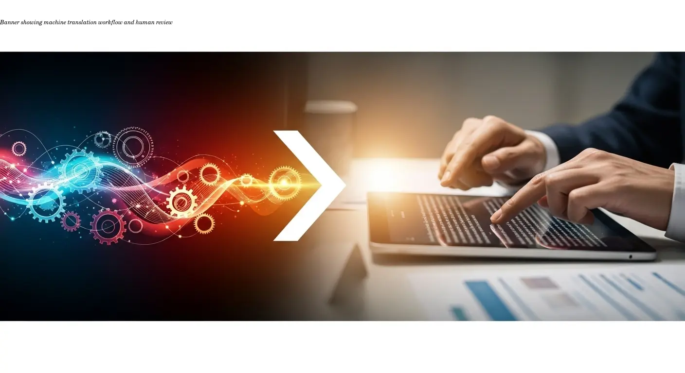 Banner showing machine translation workflow and human review