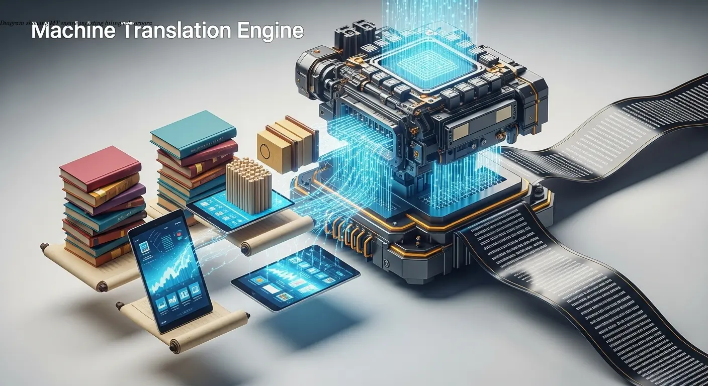 Diagram showing MT engine ingesting bilingual corpora