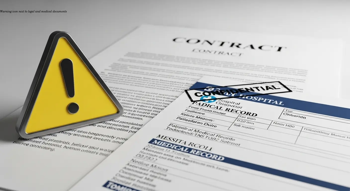 Warning icon next to legal and medical documents