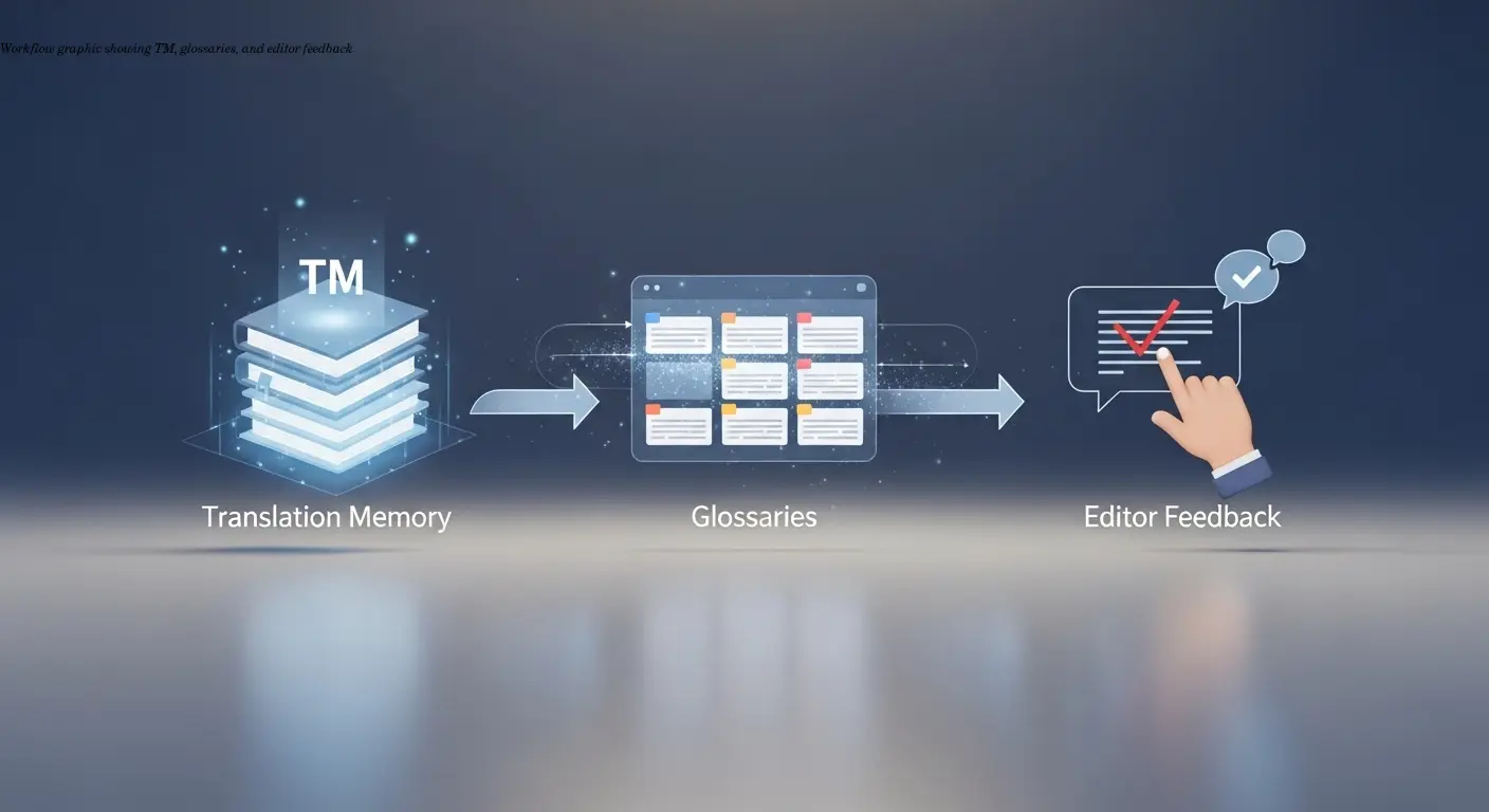 Workflow graphic showing TM, glossaries, and editor feedback
