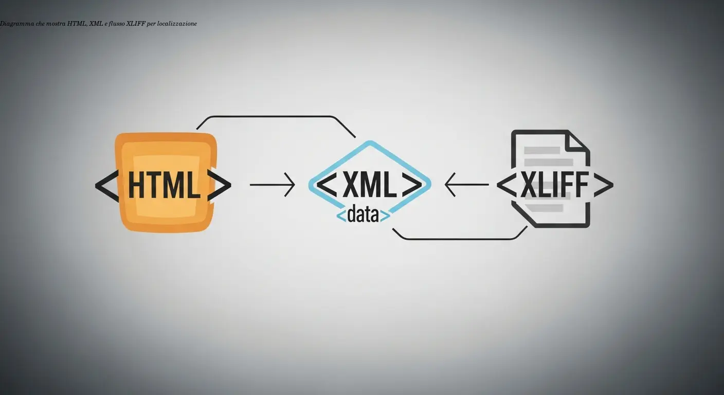 Diagramma che mostra HTML, XML e flusso XLIFF per localizzazione