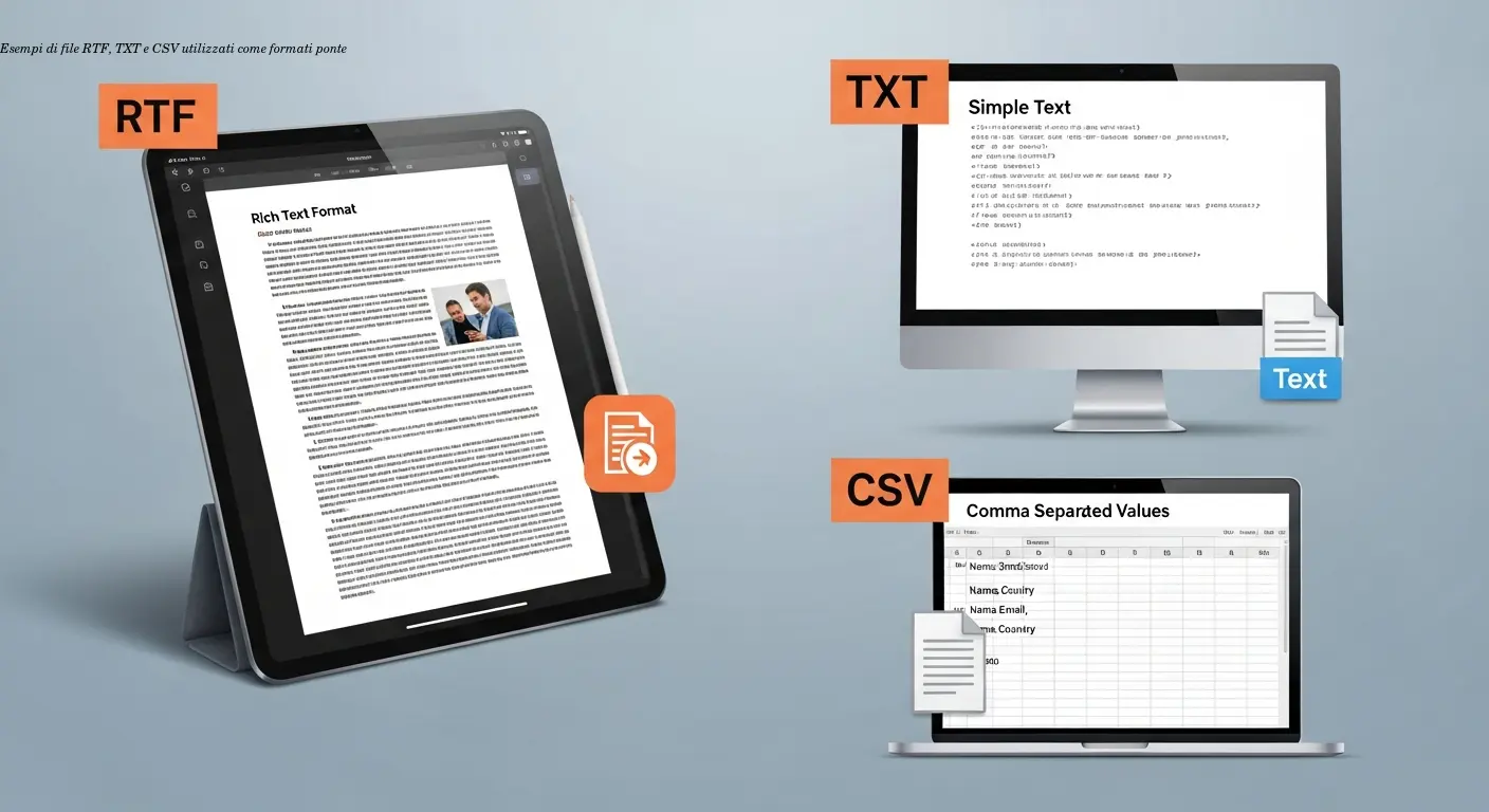 Esempi di file RTF, TXT e CSV utilizzati come formati ponte