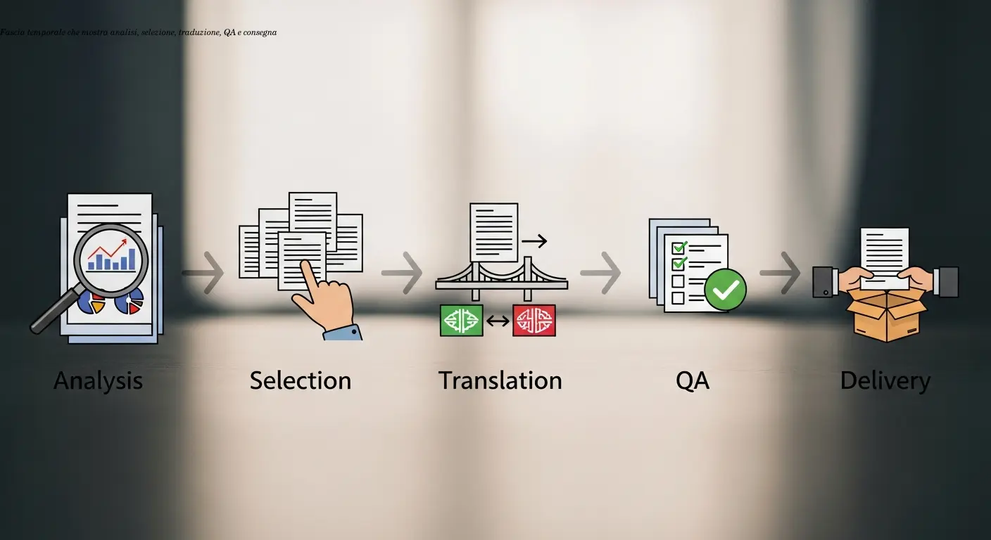 Fascia temporale che mostra analisi, selezione, traduzione, QA e consegna