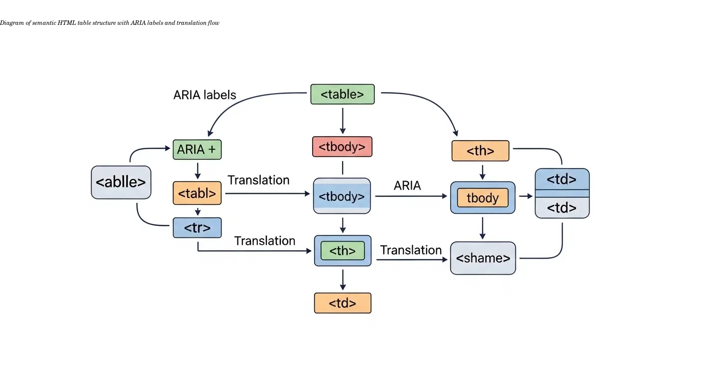 Diagram of semantic HTML table structure with ARIA labels and translation flow