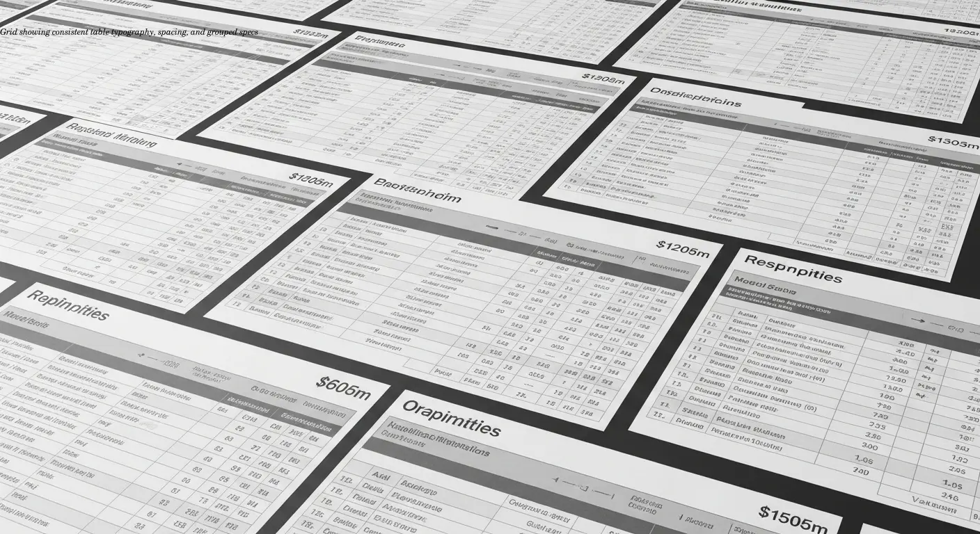 Grid showing consistent table typography, spacing, and grouped specs