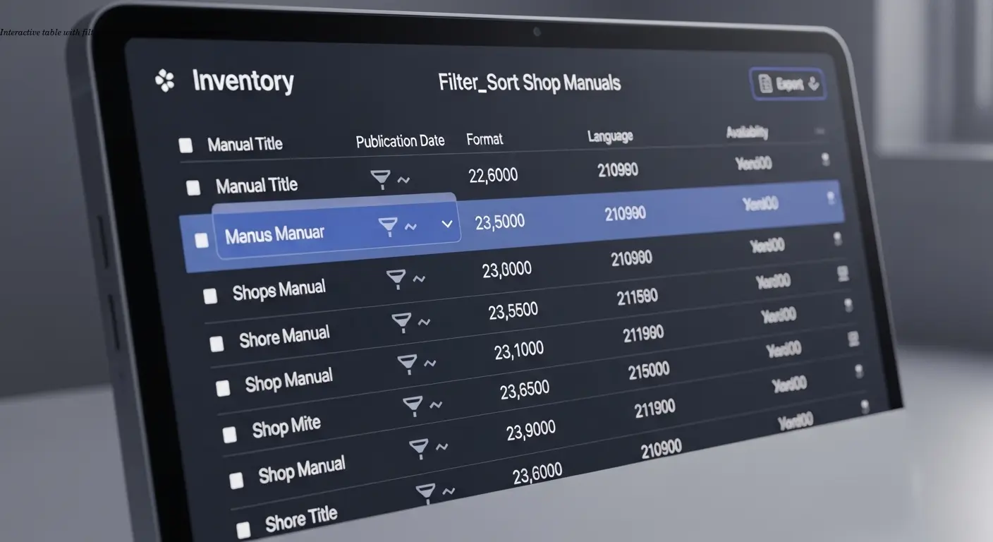 Interactive table with filters, sort controls, and export buttons