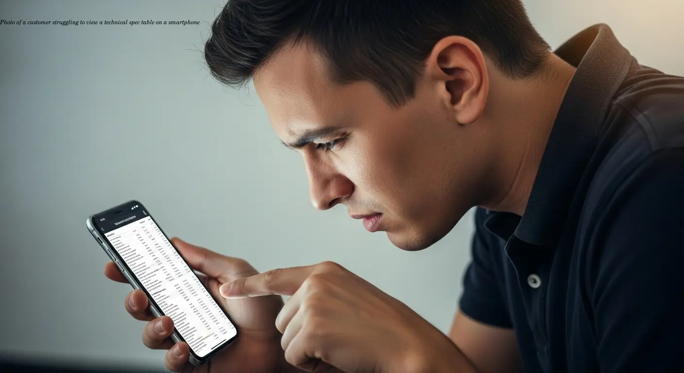 Photo of a customer struggling to view a technical spec table on a smartphone