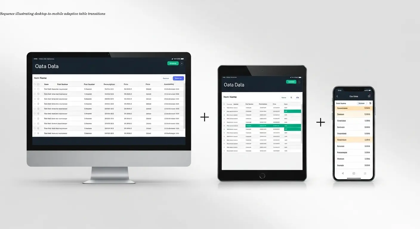 Sequence illustrating desktop-to-mobile adaptive table transitions