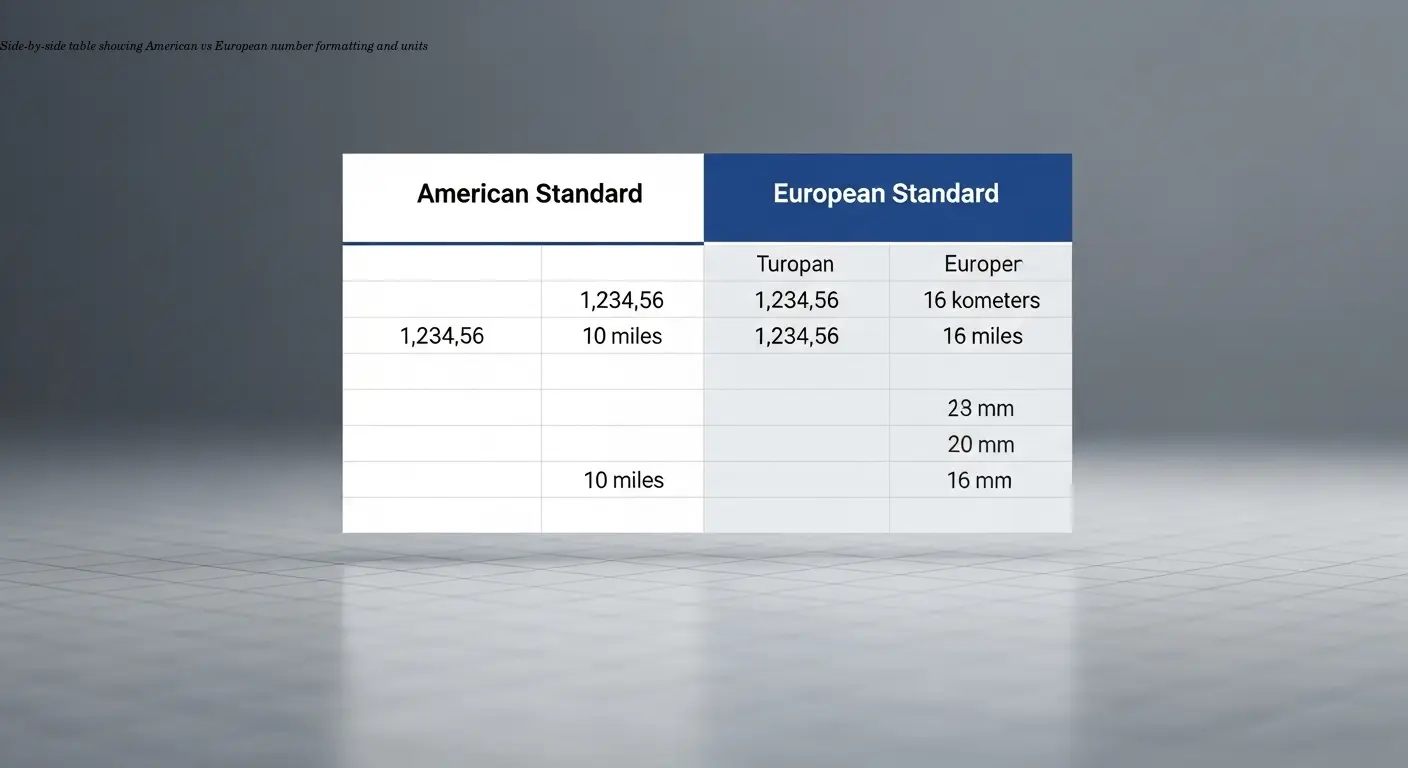 Side-by-side table showing American vs European number formatting and units