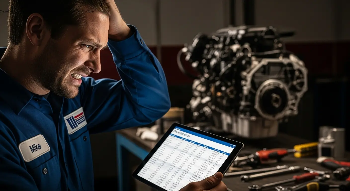 Technician frustrated with a tablet showing a cut-off specification table