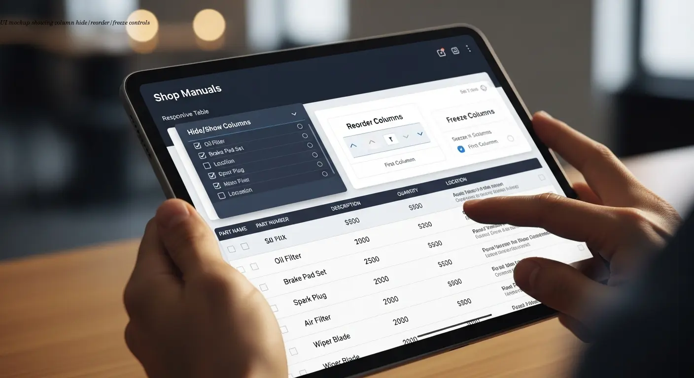 UI mockup showing column hide/reorder/freeze controls