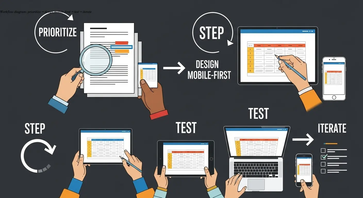Workflow diagram: prioritize → design mobile-first → test → iterate