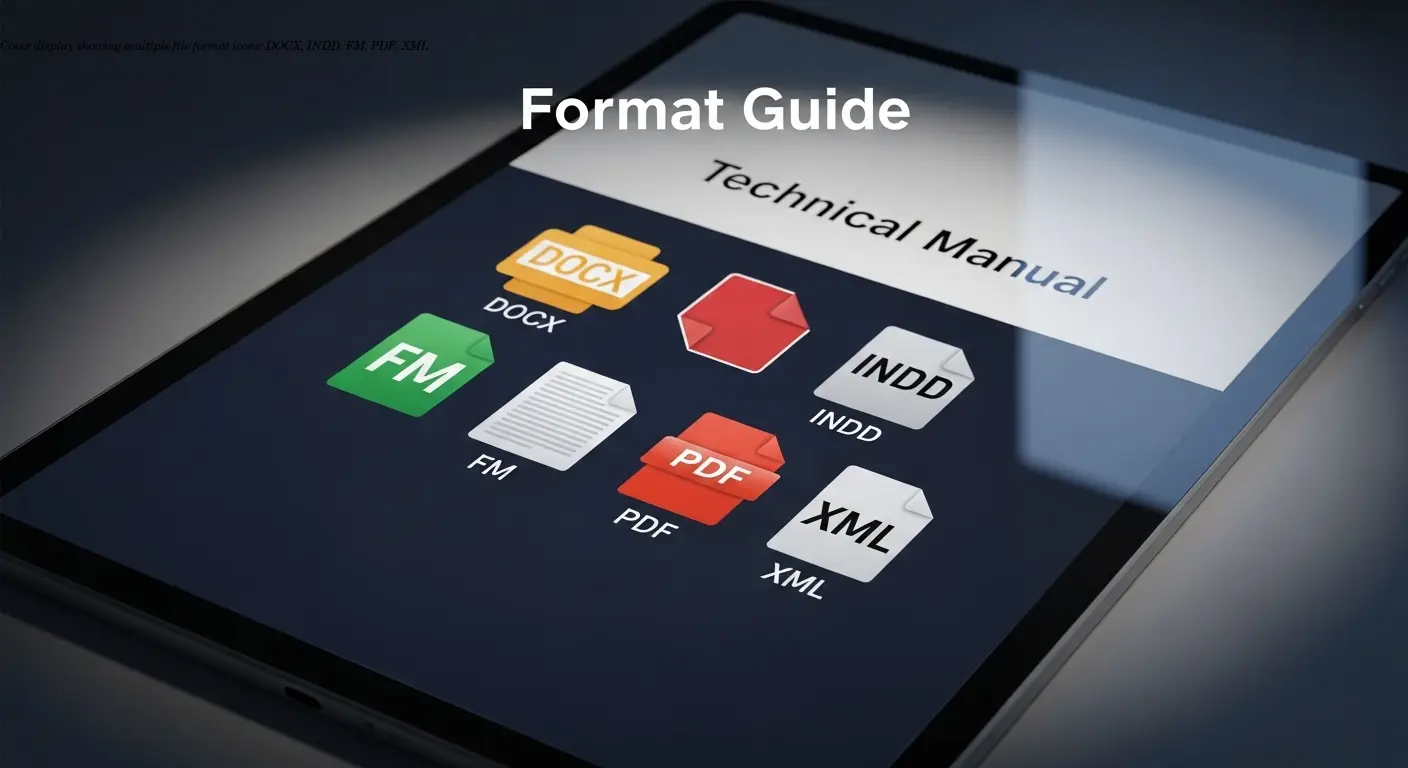 Cover display showing multiple file format icons: DOCX, INDD, FM, PDF, XML