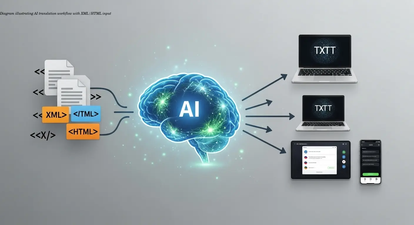 Diagram illustrating AI translation workflow with XML/HTML input