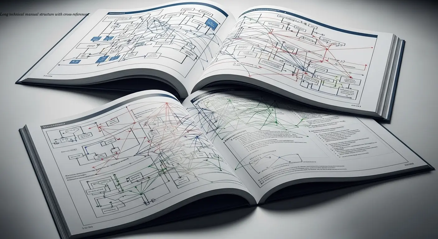 Long technical manual structure with cross-references