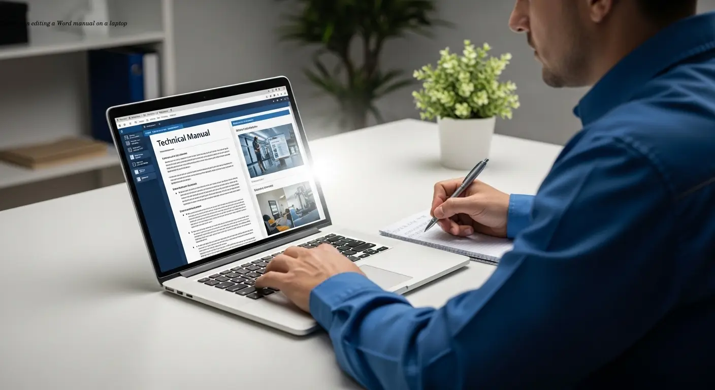 Technician editing a Word manual on a laptop
