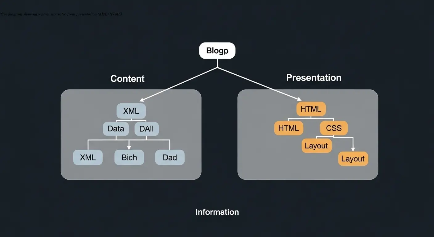Tree diagram showing content separated from presentation (XML/HTML)