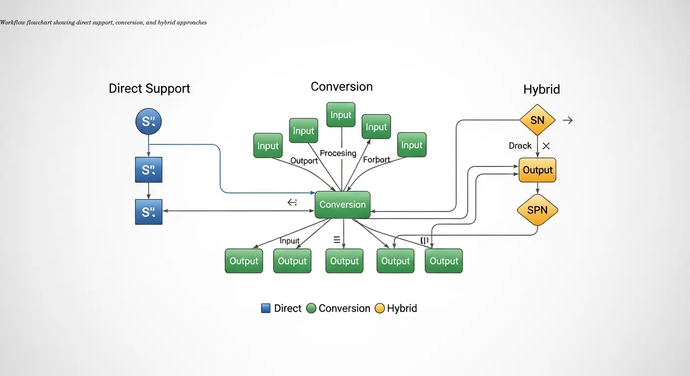 Workflow flowchart showing direct support, conversion, and hybrid approaches