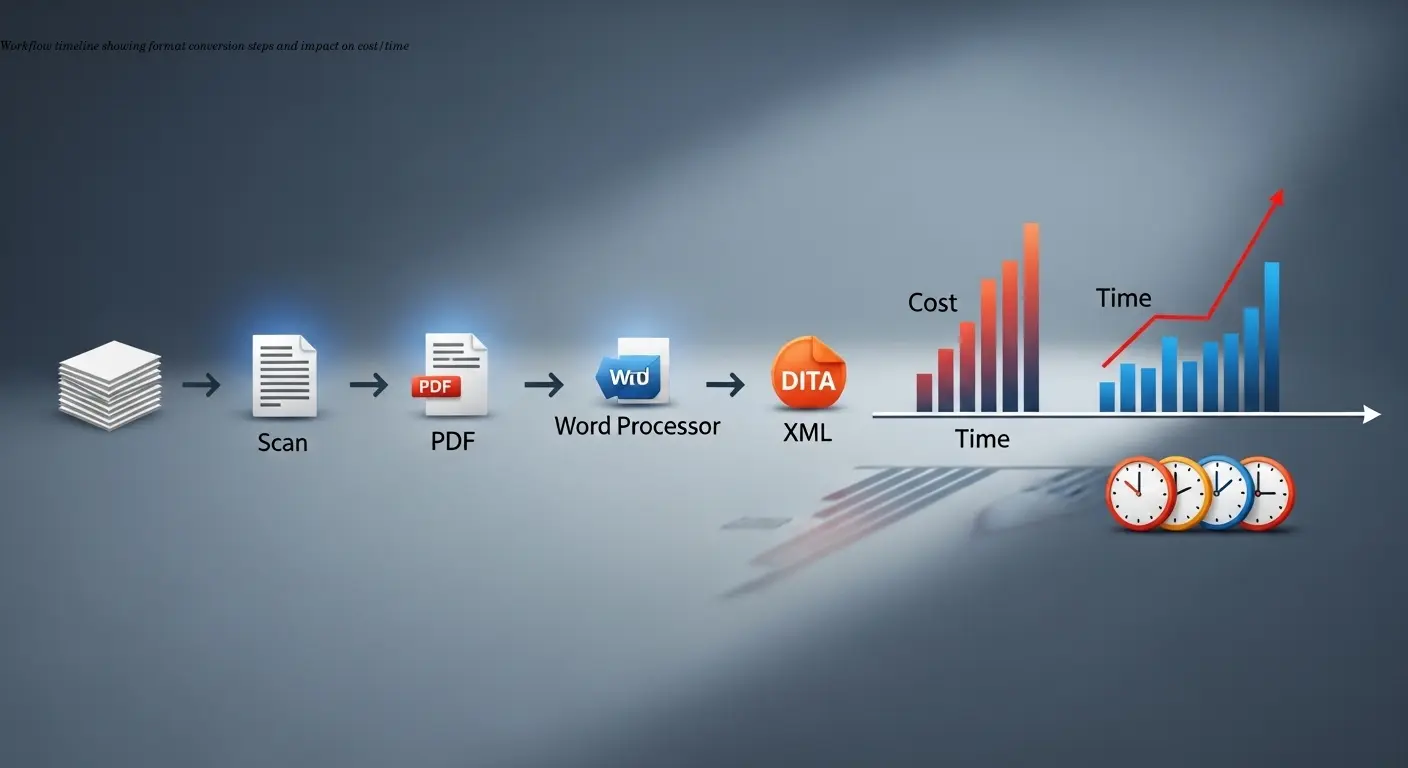 Workflow timeline showing format conversion steps and impact on cost/time
