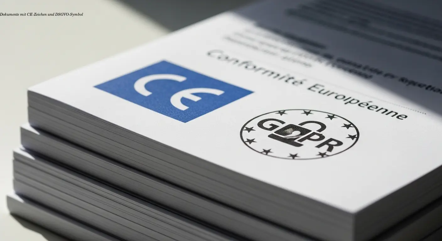 Dokumente mit CE-Zeichen und DSGVO-Symbol