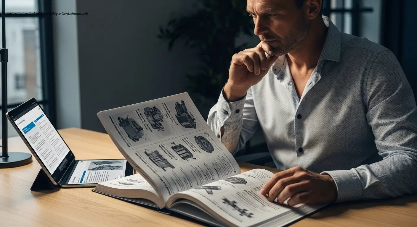 Geschäftsinhaber liest mehrsprachiges Gerätehandbuch