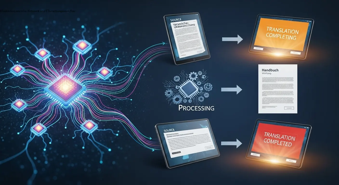 Illustration neurales Netzwerk und Übersetzungsworkflow