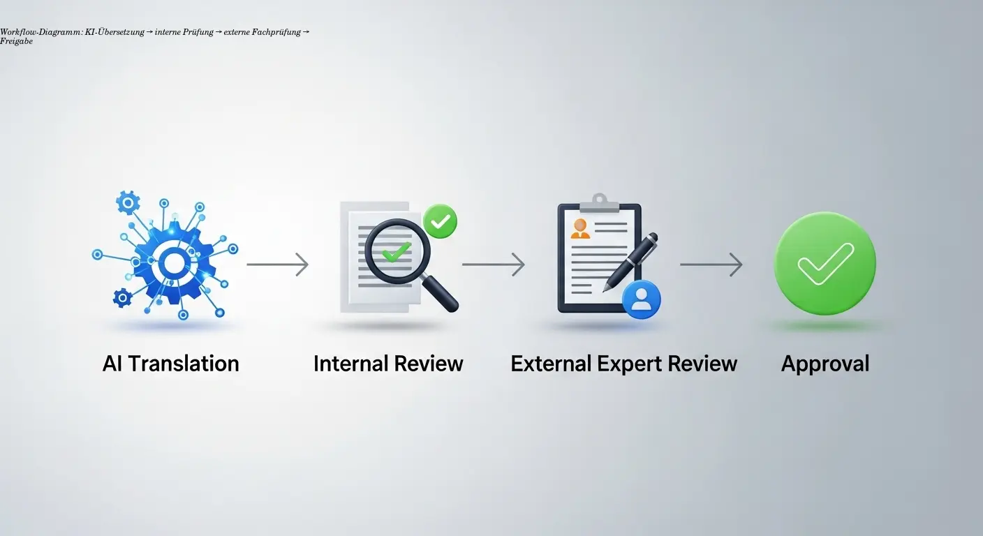 Workflow-Diagramm: KI-Übersetzung → interne Prüfung → externe Fachprüfung → Freigabe