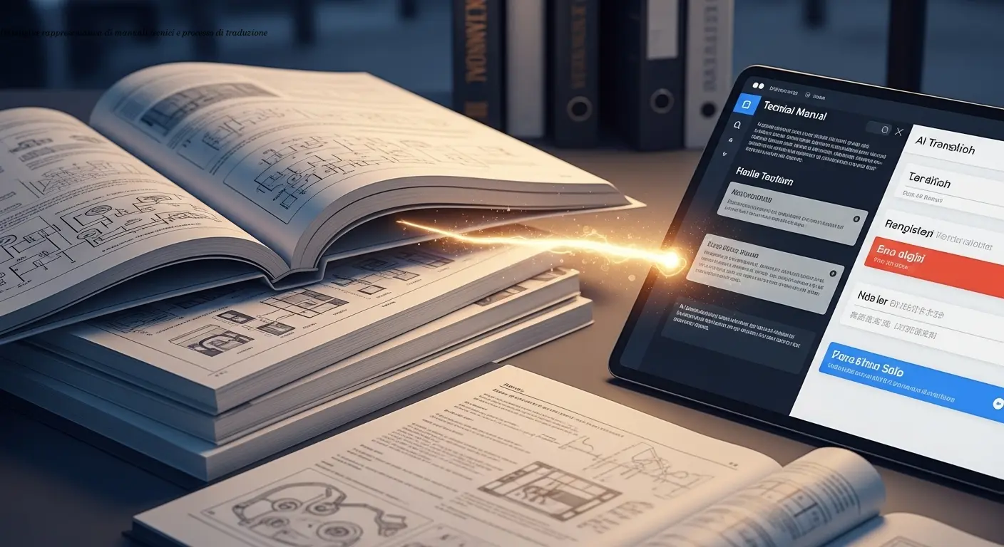 Immagine rappresentativa di manuali tecnici e processo di traduzione