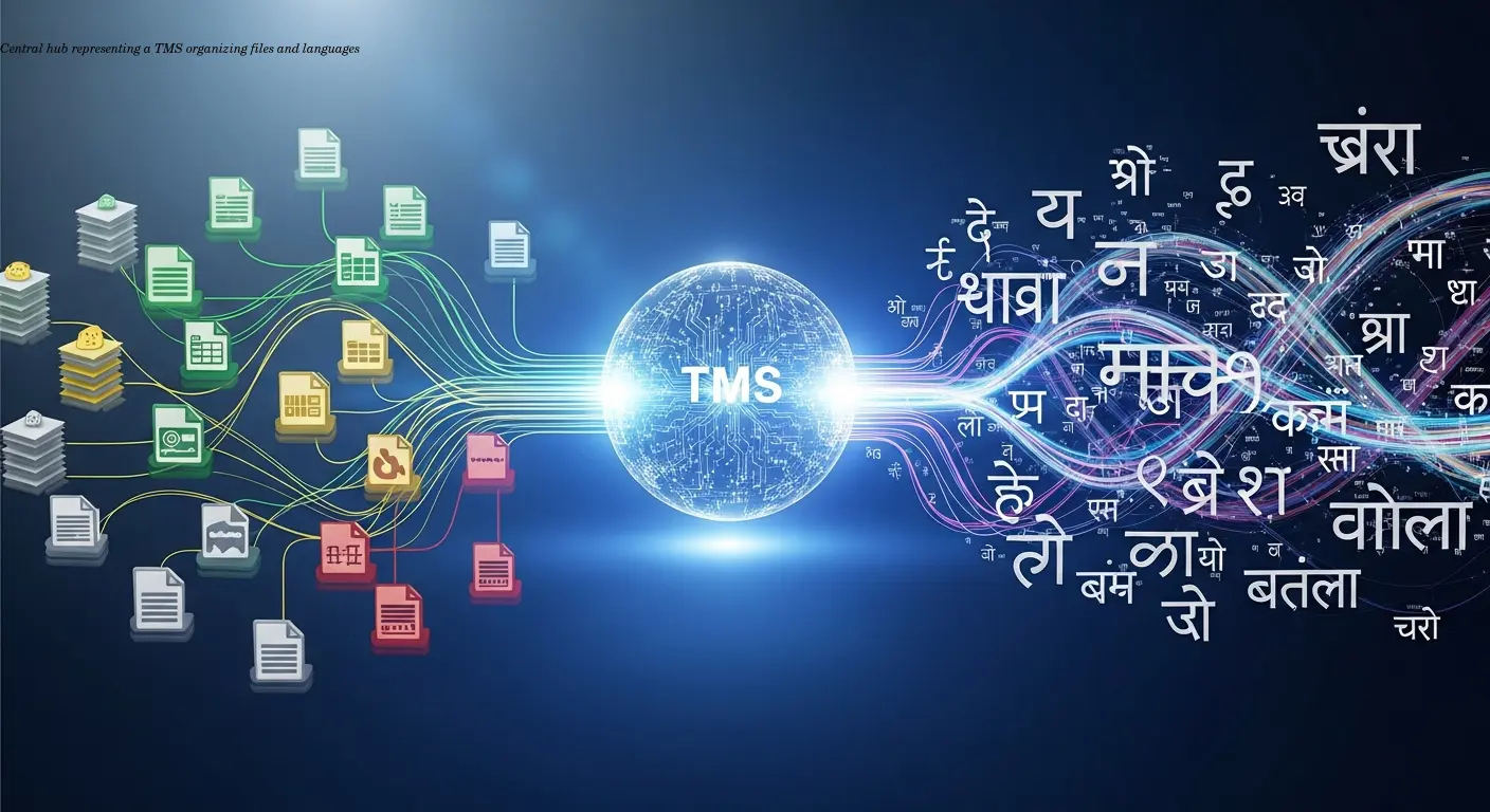 Central hub representing a TMS organizing files and languages