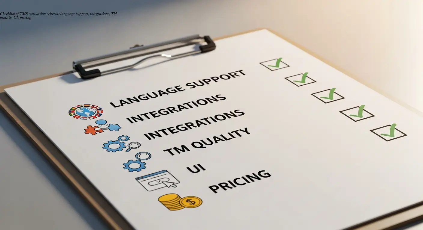Checklist of TMS evaluation criteria: language support, integrations, TM quality, UI, pricing