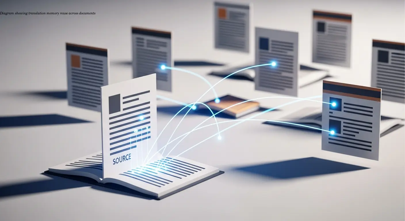 Diagram showing translation memory reuse across documents