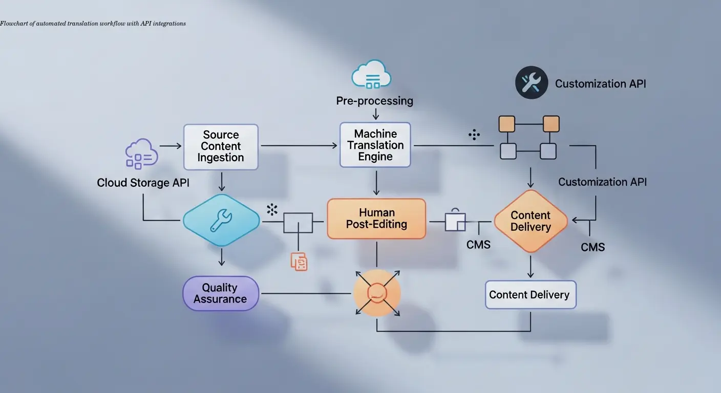Flowchart of automated translation workflow with API integrations