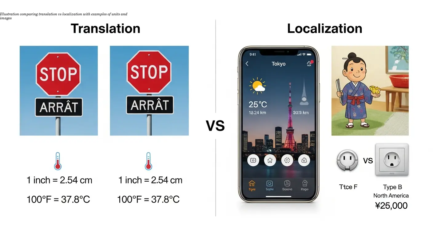 Illustration comparing translation vs localization with examples of units and images